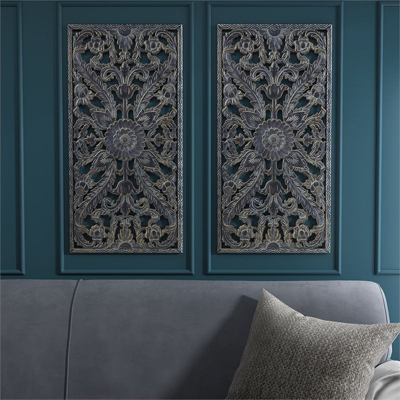 Madison Park MDF Botanical Panel Carved Wall Panel in Blue (Set of 2)