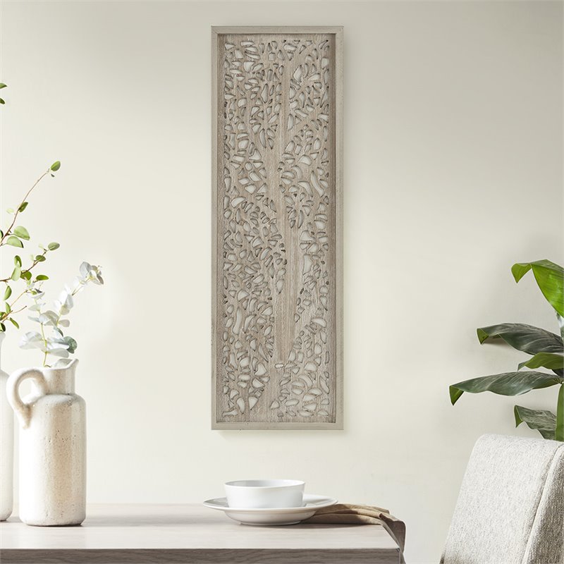 Madison Park Laurel Branches Carved Wood Panel Wall Decor in Natural
