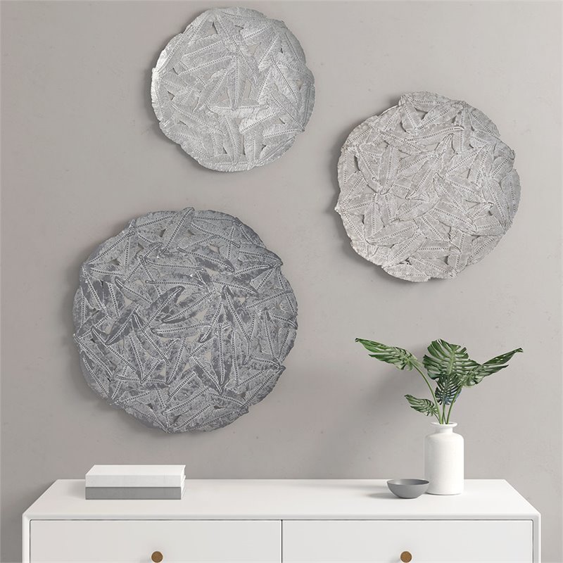 Madison Park Feather 3-piece Painted Iron Round Wall Decor in Gray