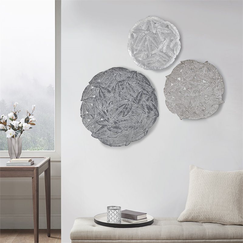 Madison Park Feather 3-piece Painted Iron Round Wall Decor in Gray