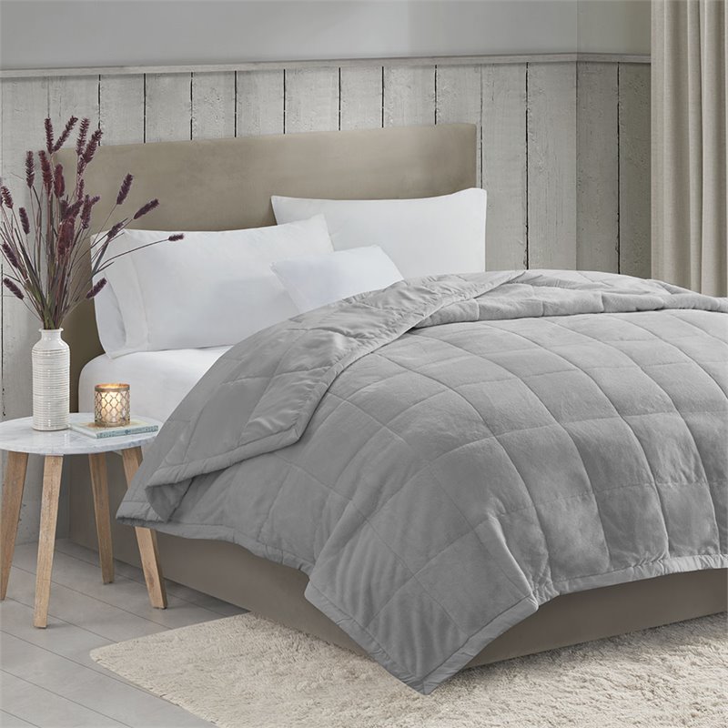 Madison Park Polyester Reversible Plush to Microfiber DA Blanket in Gray