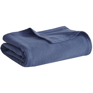Madison Park Cotton Freshspun Basketweave Blanket with 1&quot Self Hem in Navy