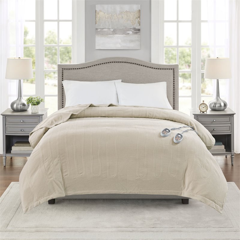 Beautyrest Polyester Knitted Micro Fleece Solid Textured Heated Blanket in Beige