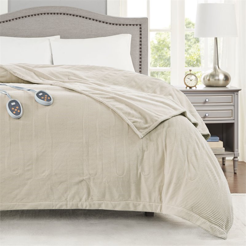 Beautyrest Polyester Knitted Micro Fleece Solid Textured Heated Blanket in Beige