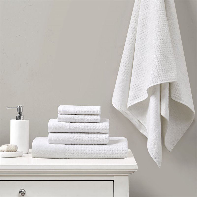 Madison Park Spa 6-Piece 100 Percent Cotton Waffle Towel Set in White