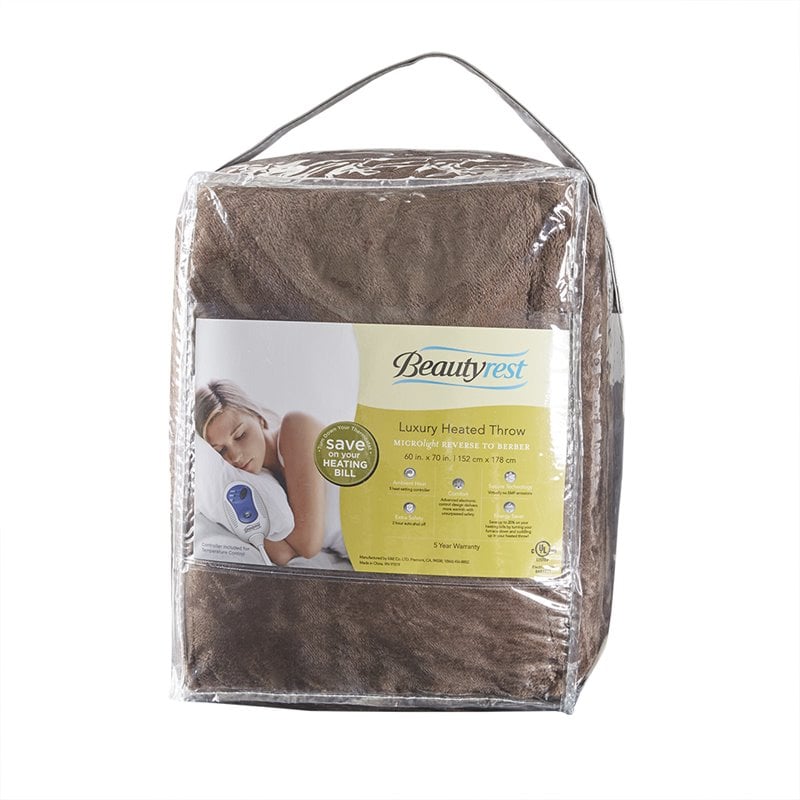 Beautyrest Polyester Microlight and Berber Solid Heated Throw in Brown