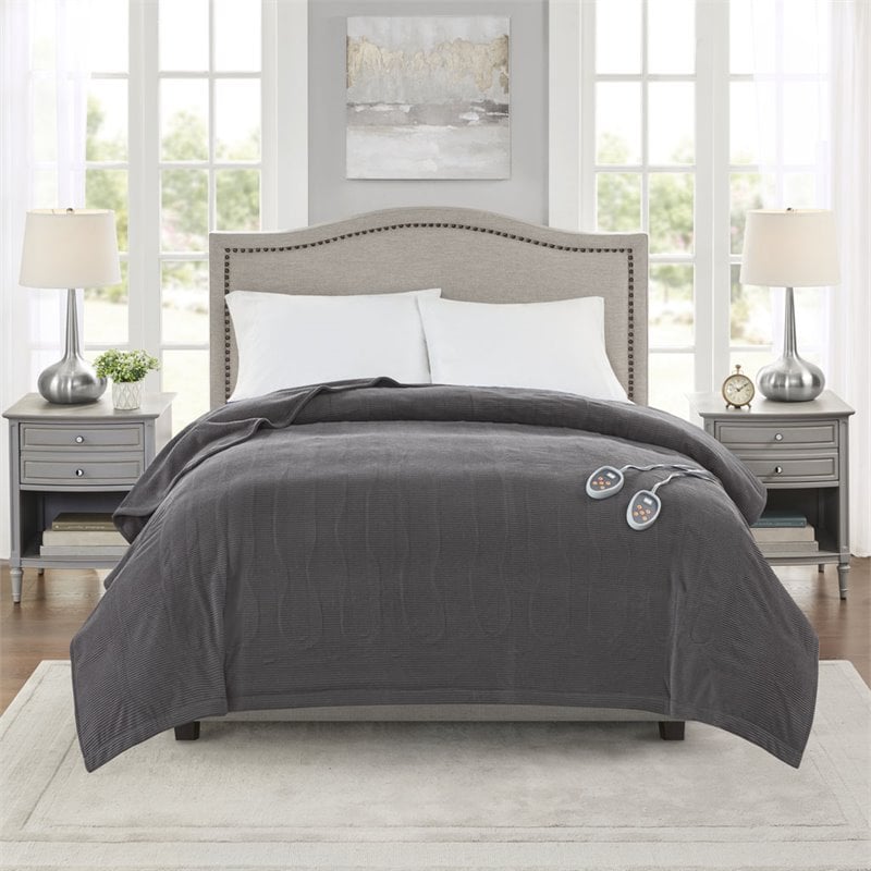 Beautyrest Polyester Knitted Micro Fleece Solid Textured Heated Blanket in Gray