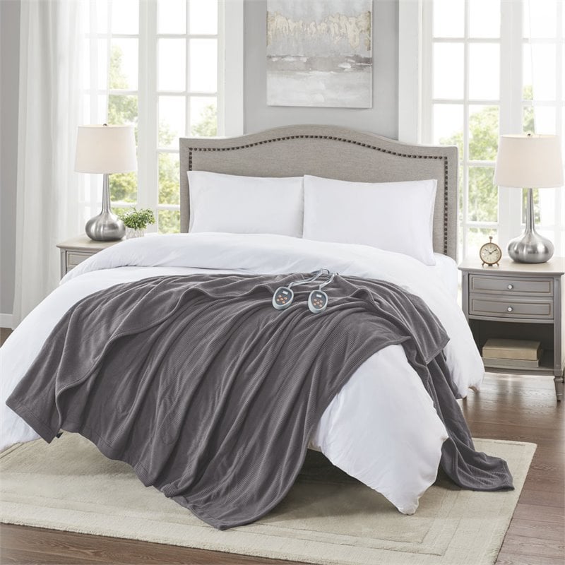 Beautyrest Polyester Knitted Micro Fleece Solid Textured Heated Blanket in Gray