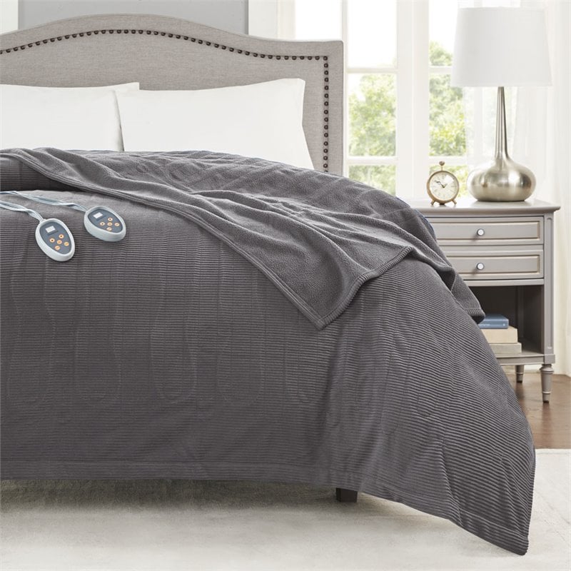 Beautyrest Polyester Knitted Micro Fleece Solid Textured Heated Blanket in Gray