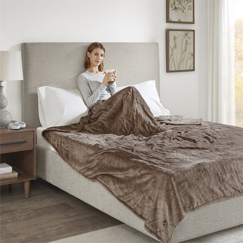 Beautyrest Polyester Solid Microlight Heated Blanket in Mink Brown