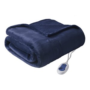 Beautyrest Polyester Knitted Microlight/Berber Solid Heated Throw in Indigo Blue