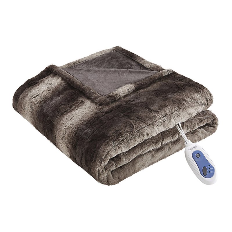 Beautyrest Polyester Faux Tip Dye Long Fur Heated Throw in Chocolate