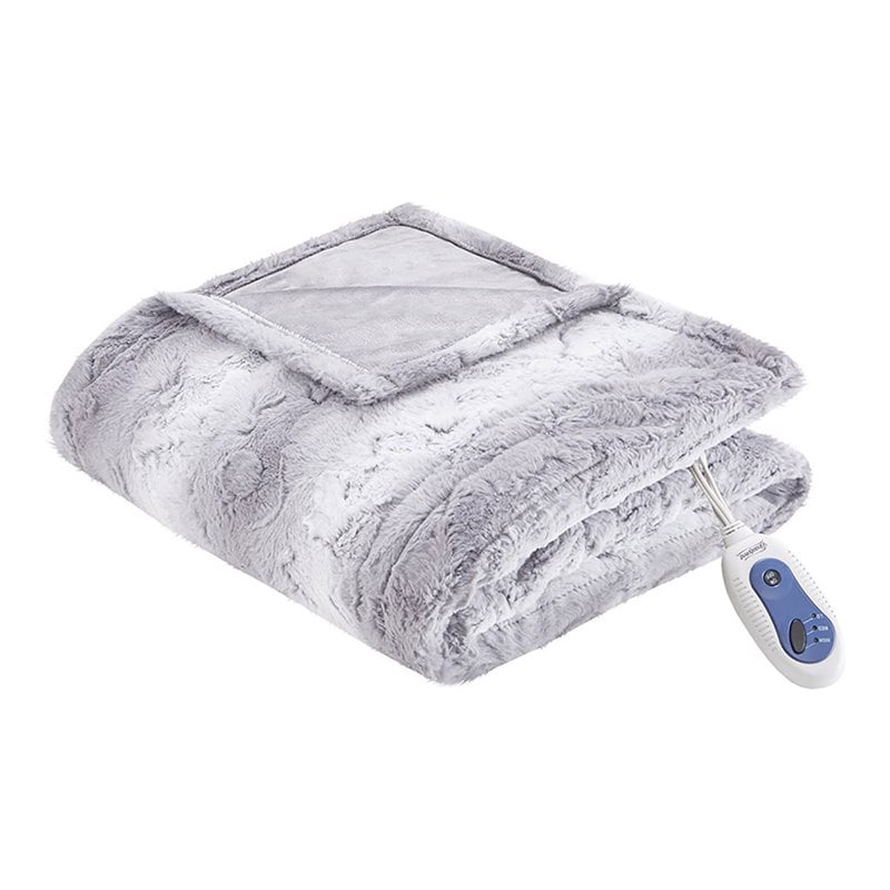 Beautyrest Polyester Faux Tip Dye Long Fur Heated Throw in Gray