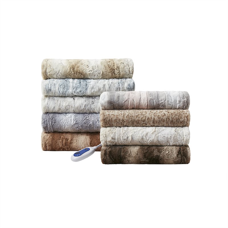 Beautyrest Polyester Faux Tip Dye Long Fur Heated Throw in Sand Brown