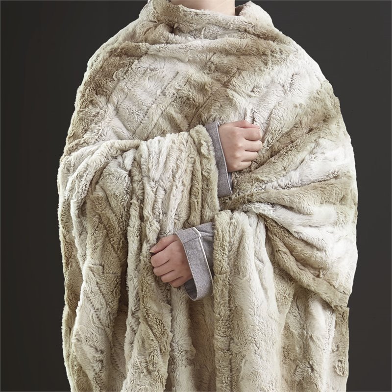 Beautyrest Polyester Faux Tip Dye Long Fur Heated Throw in Sand Brown
