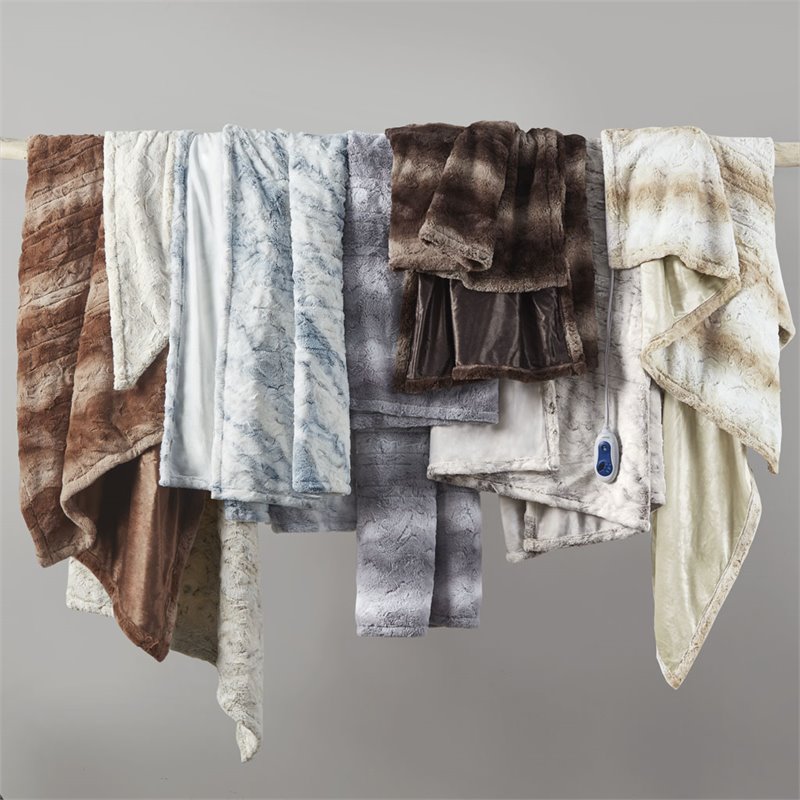Beautyrest Polyester Faux Tip Dye Long Fur Heated Throw in Sand Brown