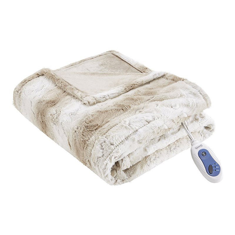 Beautyrest Polyester Faux Tip Dye Long Fur Heated Throw in Sand Brown