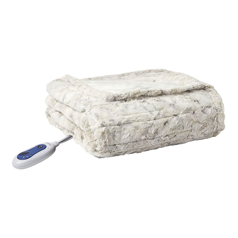Beautyrest Polyester Faux Fur Heated Throw in Snow Leopard White Finish