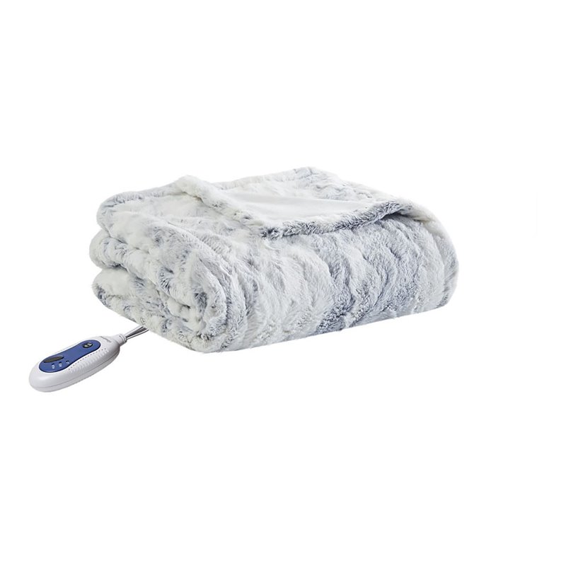 Beautyrest Polyester Marble Faux Fur Heated Throw in Gray/Blue