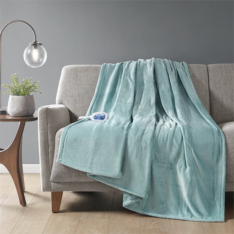 Beautyrest Polyester Solid Microlight Heated Throw in Aqua Blue