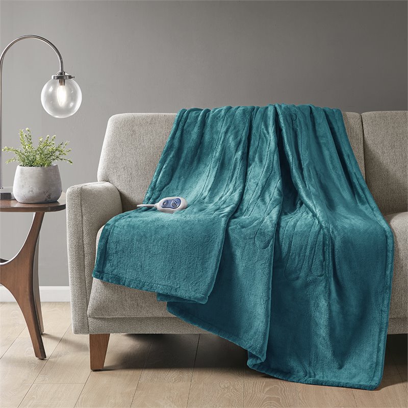 Beautyrest Polyester Solid Microlight Heated Throw in Teal Blue