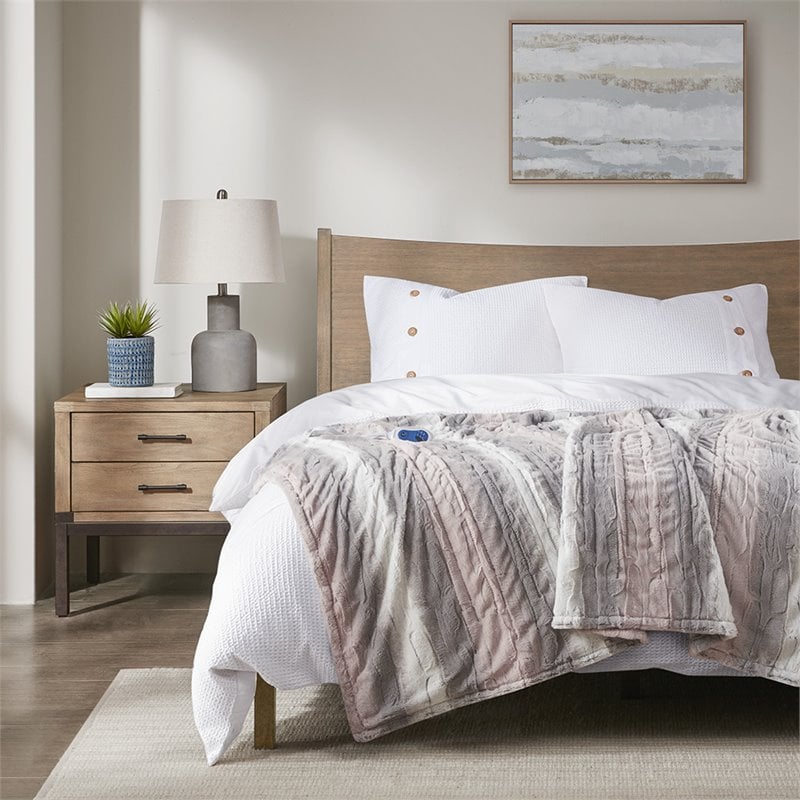 Beautyrest Polyester Oversized Faux Tip Dye Heated Throw in Blush Pink/Gray