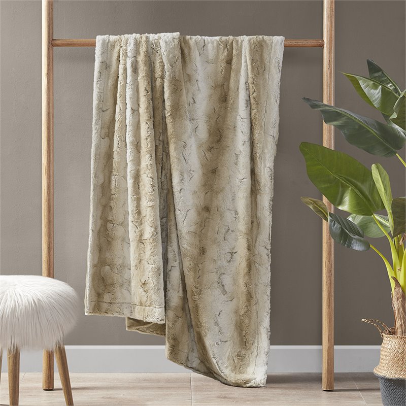 Madison Park 100 Percent Polyester Faux Tip Dyed Brushed Long Fur Throw in Sand