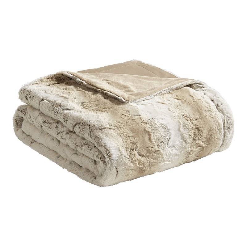 Madison Park 100 Percent Polyester Faux Tip Dyed Brushed Long Fur Throw in Sand