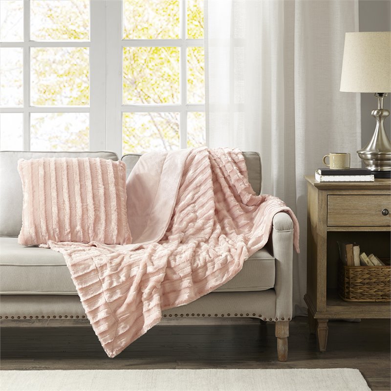 Madison Park Polyester Solid Stripe Plaited Brushed Long Fur Throw in Blush Pink
