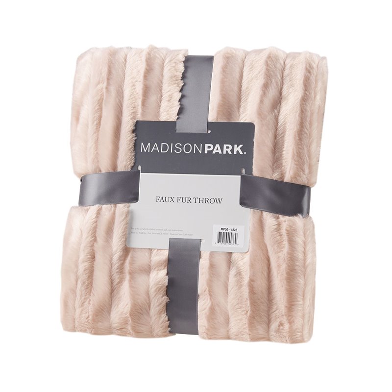 Madison Park Polyester Solid Stripe Plaited Brushed Long Fur Throw in Blush Pink
