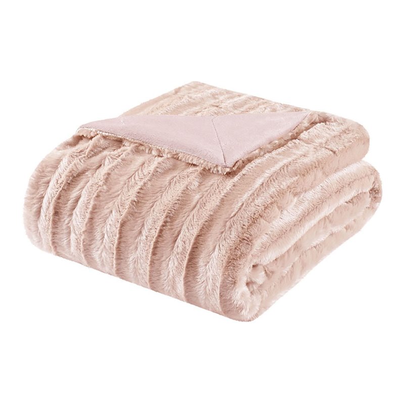 Madison Park Polyester Solid Stripe Plaited Brushed Long Fur Throw in Blush Pink