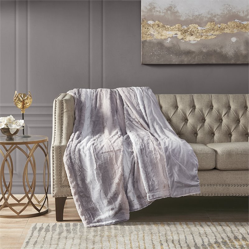 Madison Park Polyester Faux Tip Dyed Brushed Long Fur Throw in Blush Pink/Gray