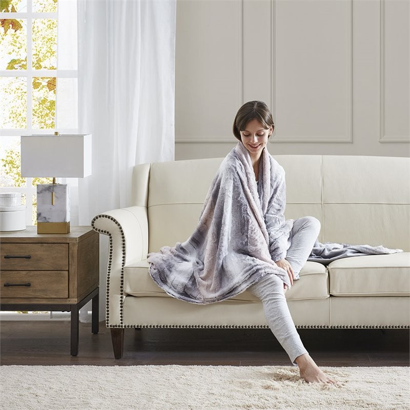 Madison Park Polyester Faux Tip Dyed Brushed Long Fur Throw in Blush Pink/Gray