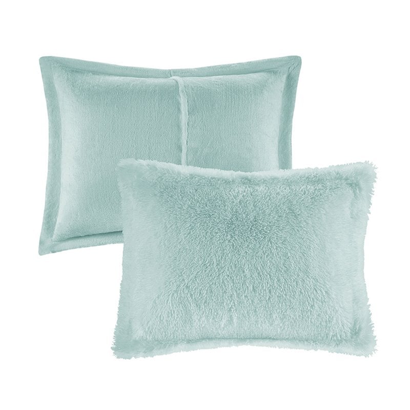 Intelligent Design Polyester Back Solid Shaggy Long Fur Comforter Set in Aqua
