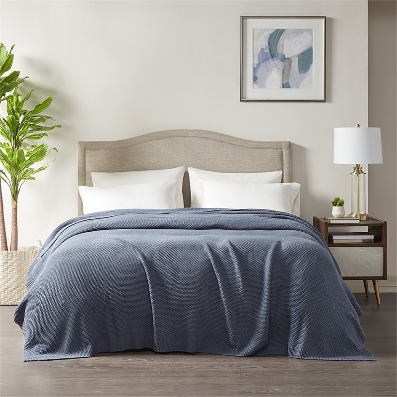 ink+ivy bree 100 percent acrylic knitted blanket in indigo blue finish