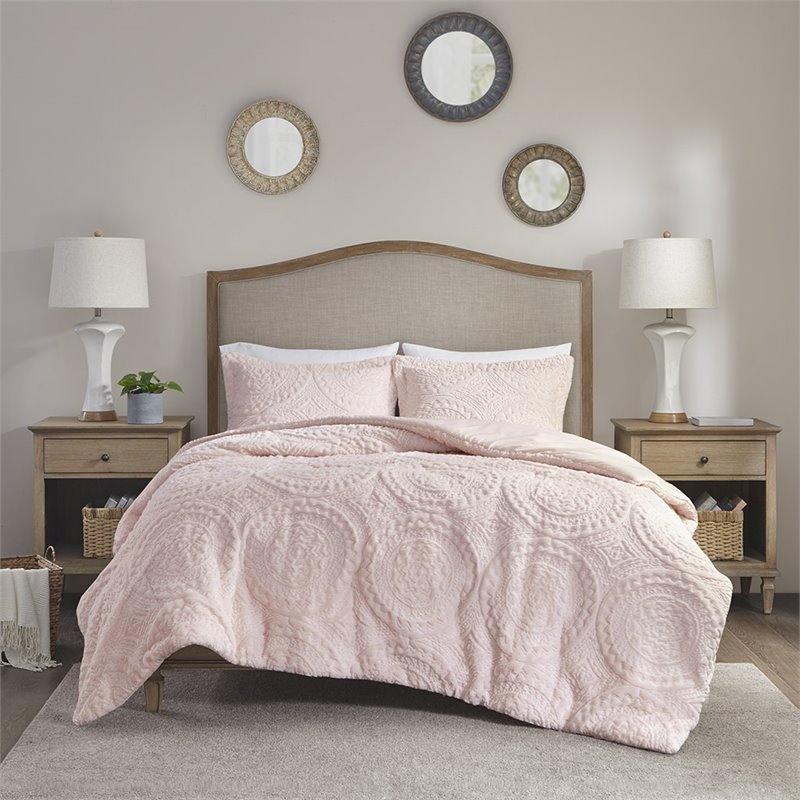 Madison Park Polyester Long Fur to Mink Comforter Set in Blush Pink