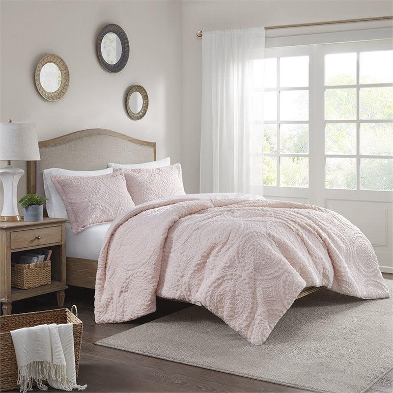 Madison Park Polyester Long Fur to Mink Comforter Set in Blush Pink