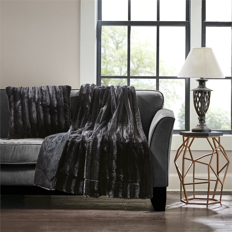 Madison Park Polyester Solid Stripe Plaited Long Fur Square Pillow in Black
