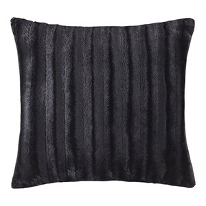 Madison Park Polyester Solid Stripe Plaited Long Fur Square Pillow in Black