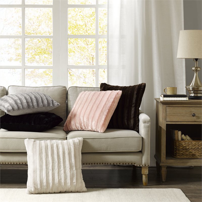 Madison Park Polyester Brushed Faux Long Fur Square Pillow in Blush Pink