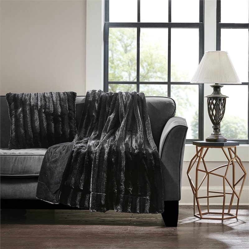 Madison Park 100 Percent Polyester Brushed Long Fur Knitted Throw in Black