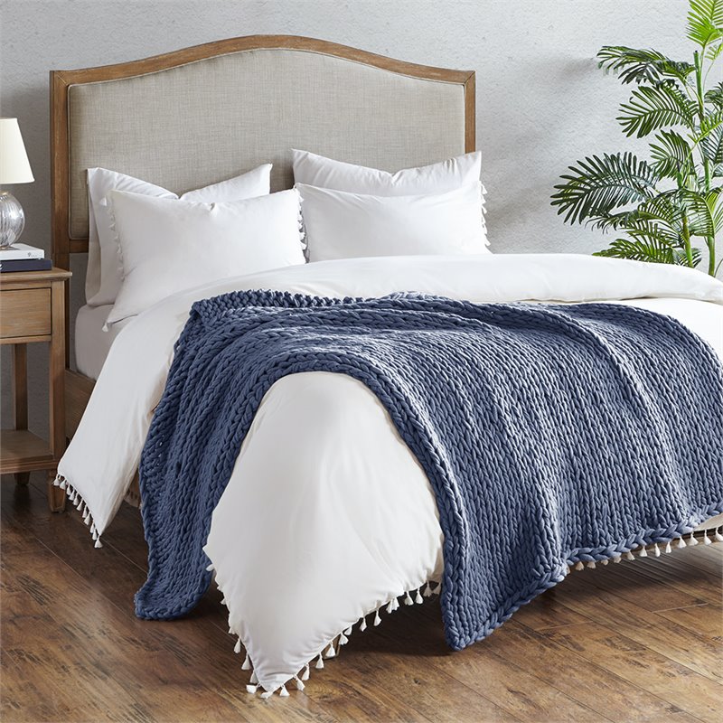madison park 100 percent acrylic chunky twice knit throw in indigo blue
