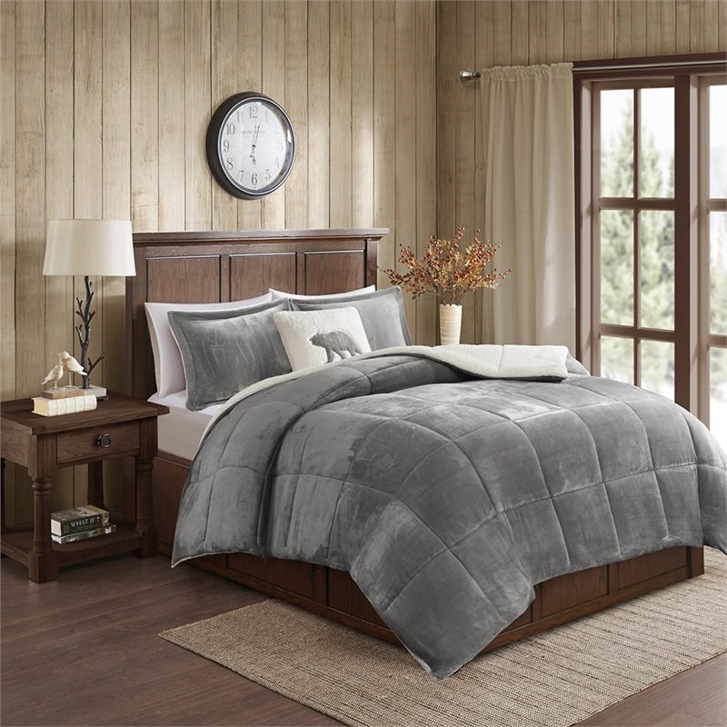 Woolrich Polyester Solid Low Pile Velour to Berber Comforter Set in Charcoal