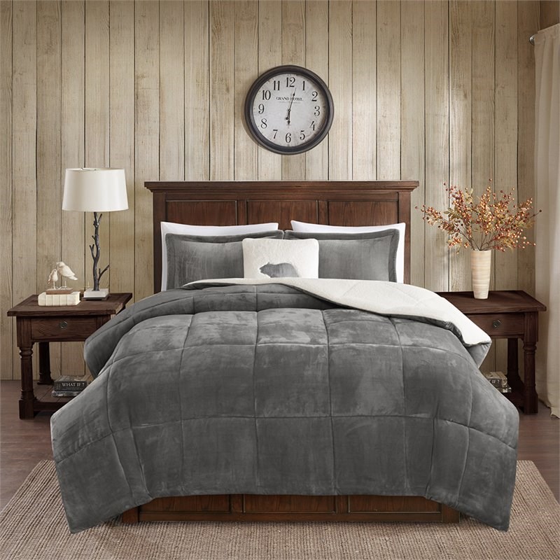Woolrich Polyester Solid Low Pile Velour to Berber Comforter Set in Charcoal