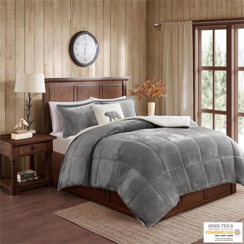 Woolrich Polyester Solid Low Pile Velour to Berber Comforter Set in Charcoal