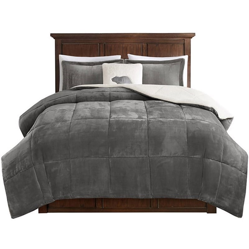 Woolrich Polyester Solid Low Pile Velour to Berber Comforter Set in Charcoal