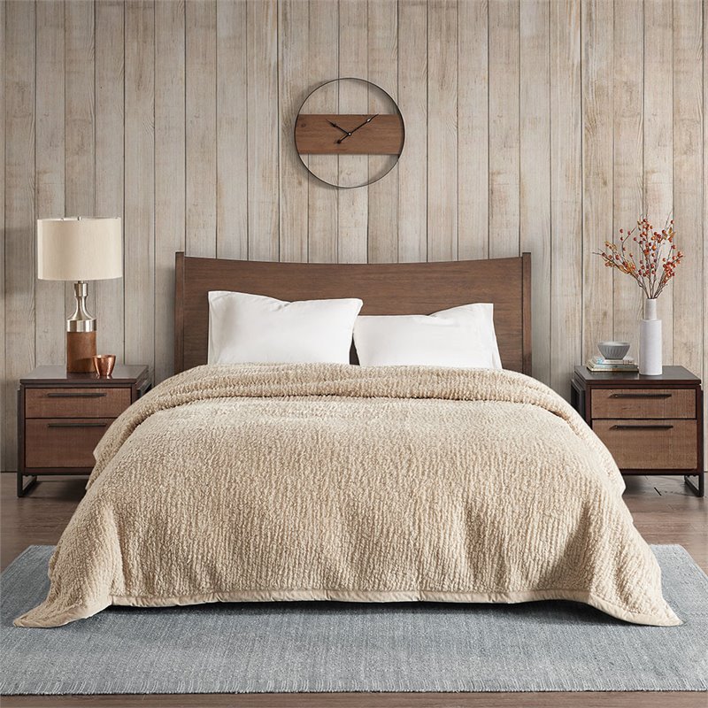 Woolrich Polyester Solid Berber Brushed Blanket w/ Crystal Velvet Binding in Tan