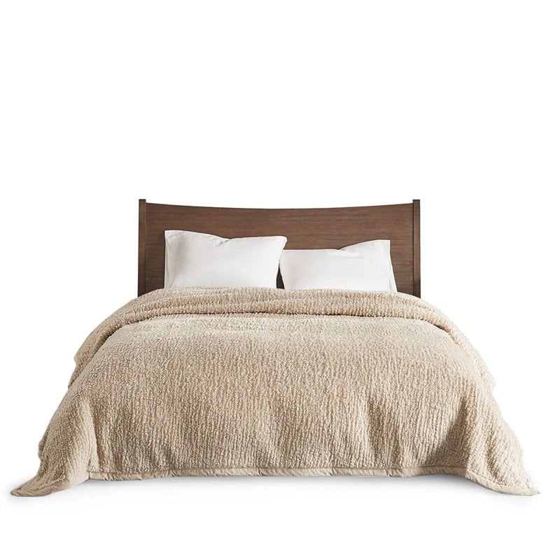 Woolrich Polyester Solid Berber Brushed Blanket w/ Crystal Velvet Binding in Tan