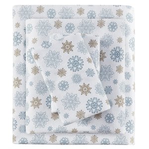 true north by sleep philosophy cotton flannel sheet set in tan/blue snowflakes