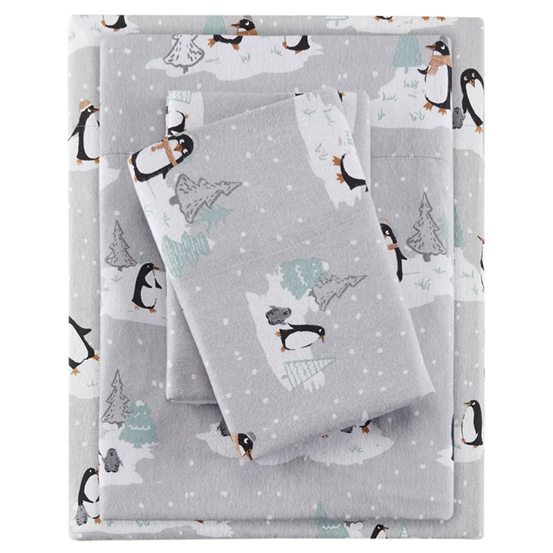True North by Sleep Philosophy Cotton Pigment Printed Sheet Set - Gray Penguins